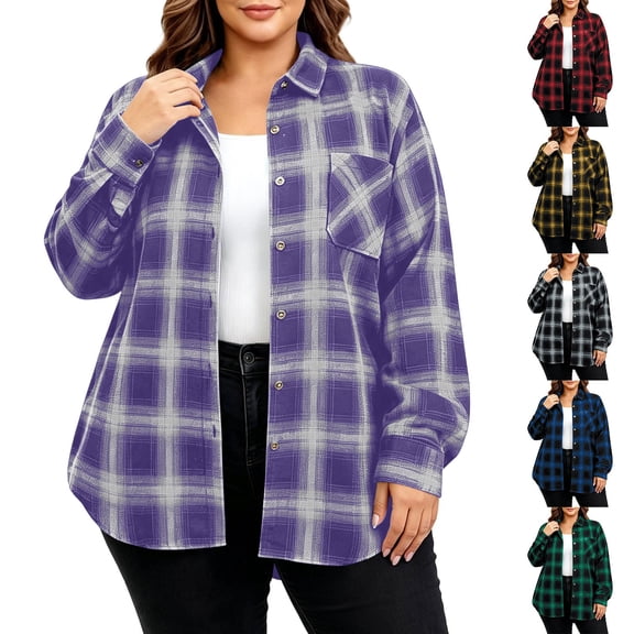 Miqool Womens Plus Size Plaid Shirt Jackets Collared Button Down Casual Fall Trendy Loose Fit Long Sleeve Cardigans with Pocket