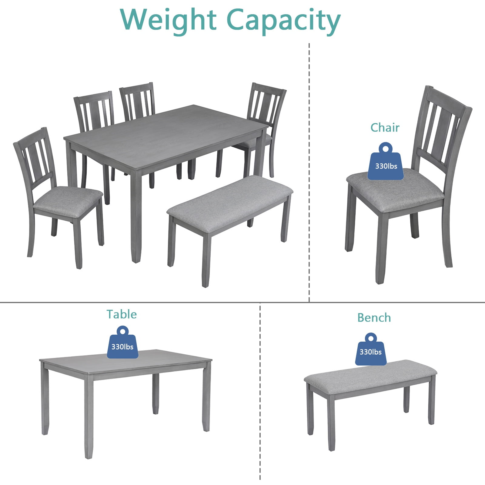 Dining Room Set, LEGAHOME 6 Piece Dining Sets with Bench and Chairs, Solid Wood Kitchen Dining Table Set for 6 with Upholstered Chairs, Gray