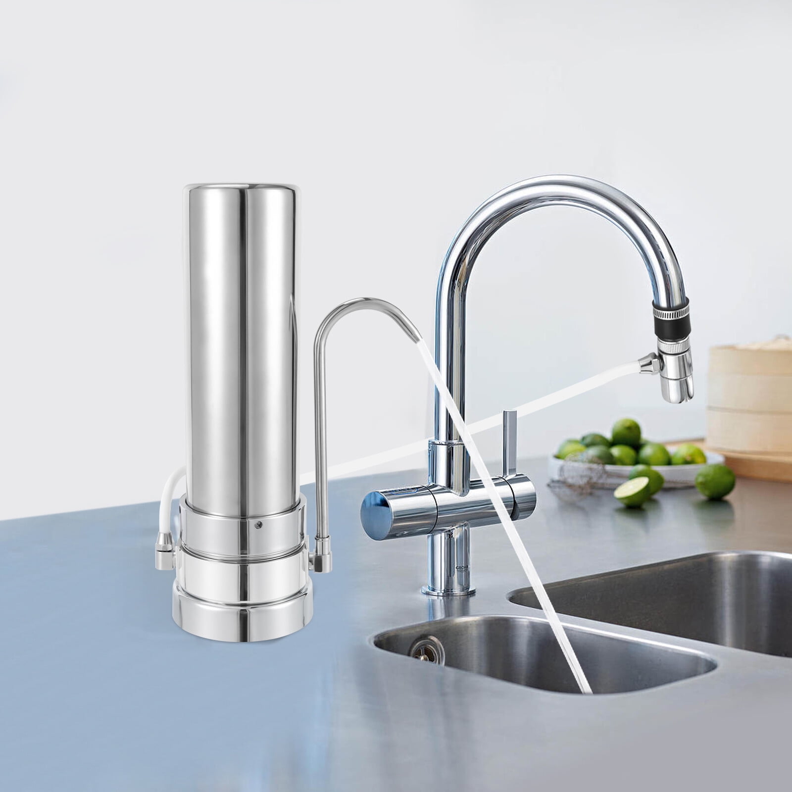 Portable Stainless Steel Countertop Water Filter System, Tap Water Purifier with Rotatable Spout, for Home Office Drinking Use