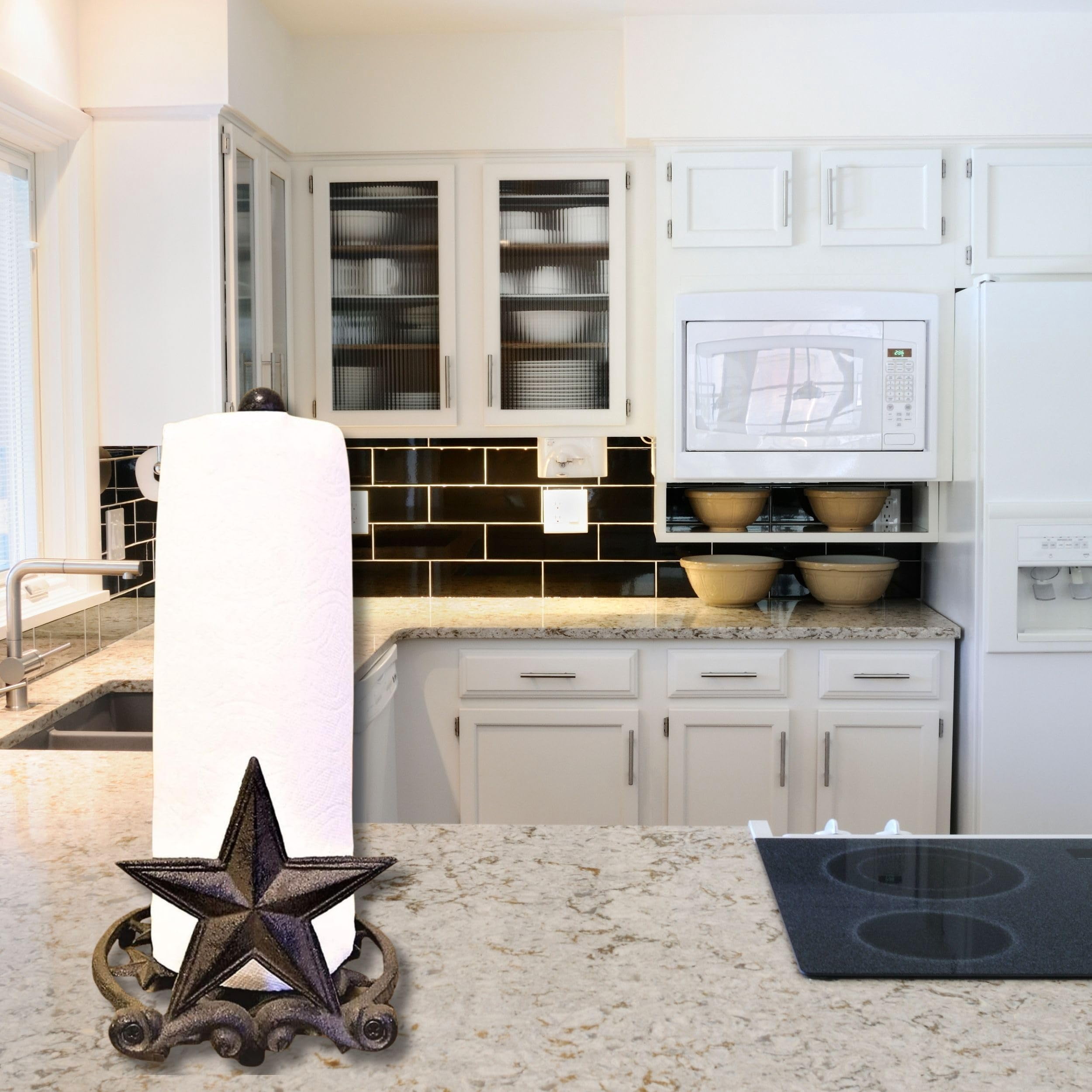 BestGiftEver Metal Star Country Rustic Paper Towel Holder - Freestanding Kitchen Countertop Decor for Farmhouse, and Western Styles - Made of Rustic Brown Cast Iron, for Countertop Cabin Theme