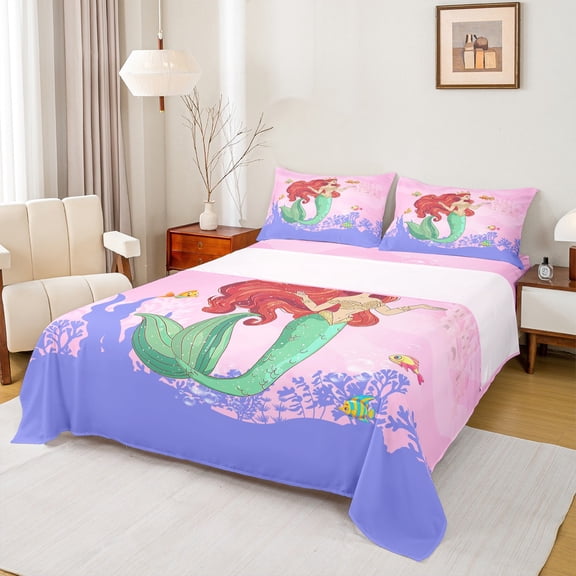 Castle Fairy Cartoon Mermaid 3pcs Twin Sheet Sets,Ocean Princess Twin Fitted Sheet,Kawaii Castle Breathable Flat Sheet,Ultra Soft Sea Home Decor
