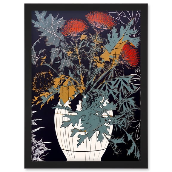 Abstract Thistle Vase Dark Linocut Floral Red Green Ochre Scottish Plant Artwork Framed Wall Art Print A4