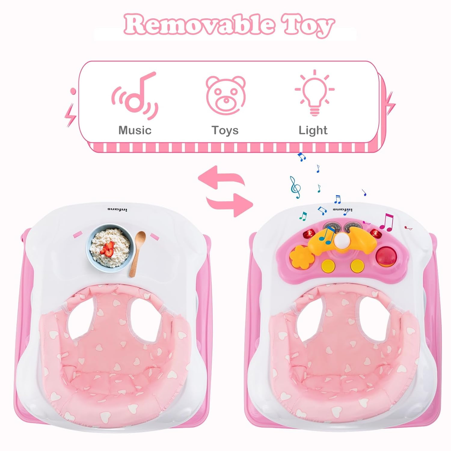 INFANS Foldable Baby Walker, 3 in 1 Toddler Walker Leaning-Seated Walk-Behind with Removable Music Tray, Adjustable Height, Washable Seat Cushion for Boys and Girls