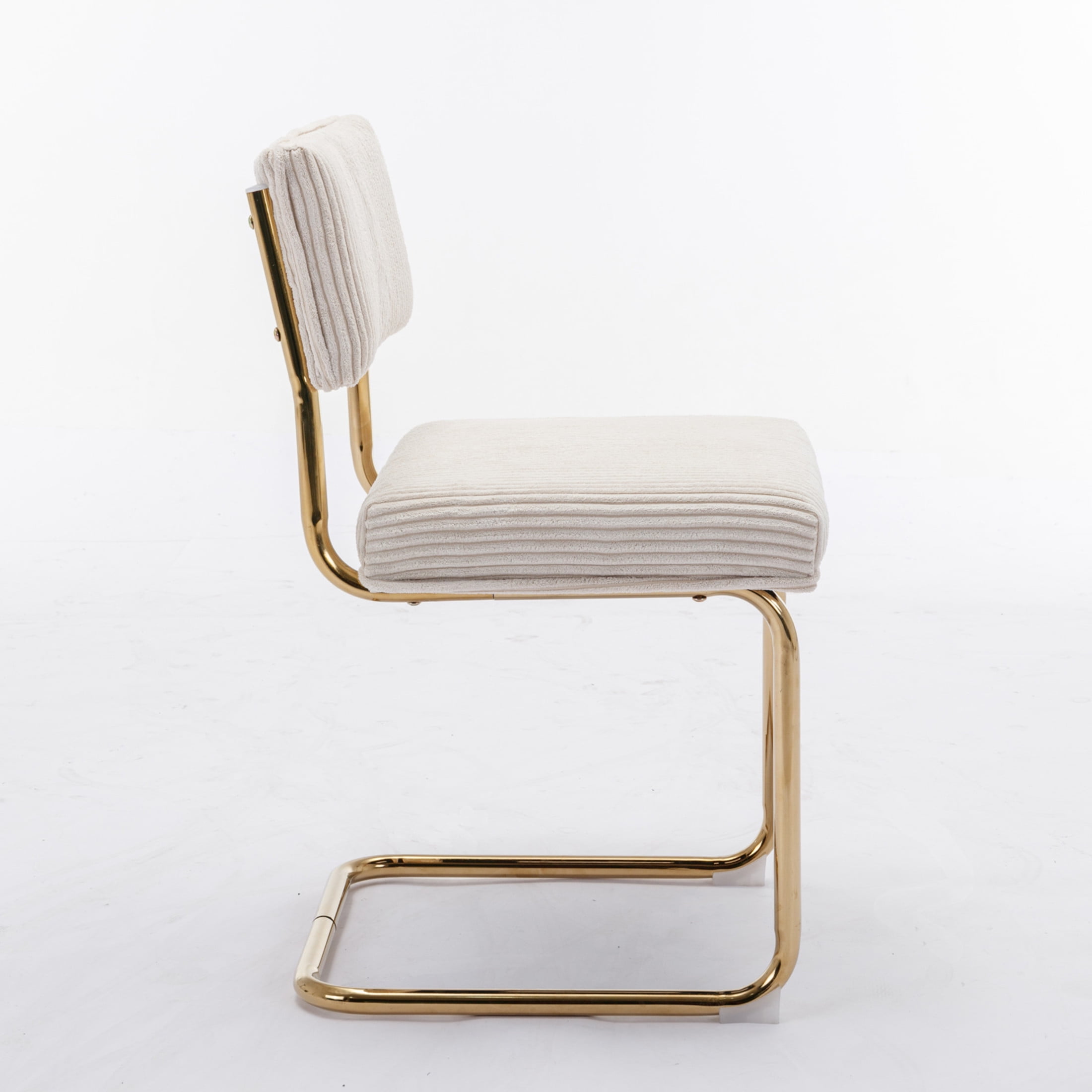 Seraphine Modern Upholstered Corduroy Dining Chairs with Channel Tufting, Gold Metal Frame, Beige + Gold, Set of 2