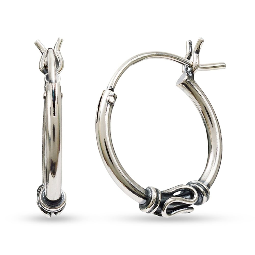 LeCalla 925 Sterling Silver Light-Weight Click Top Small Balinese Hoop Earrings Jewelry for Teen and Women 14MM