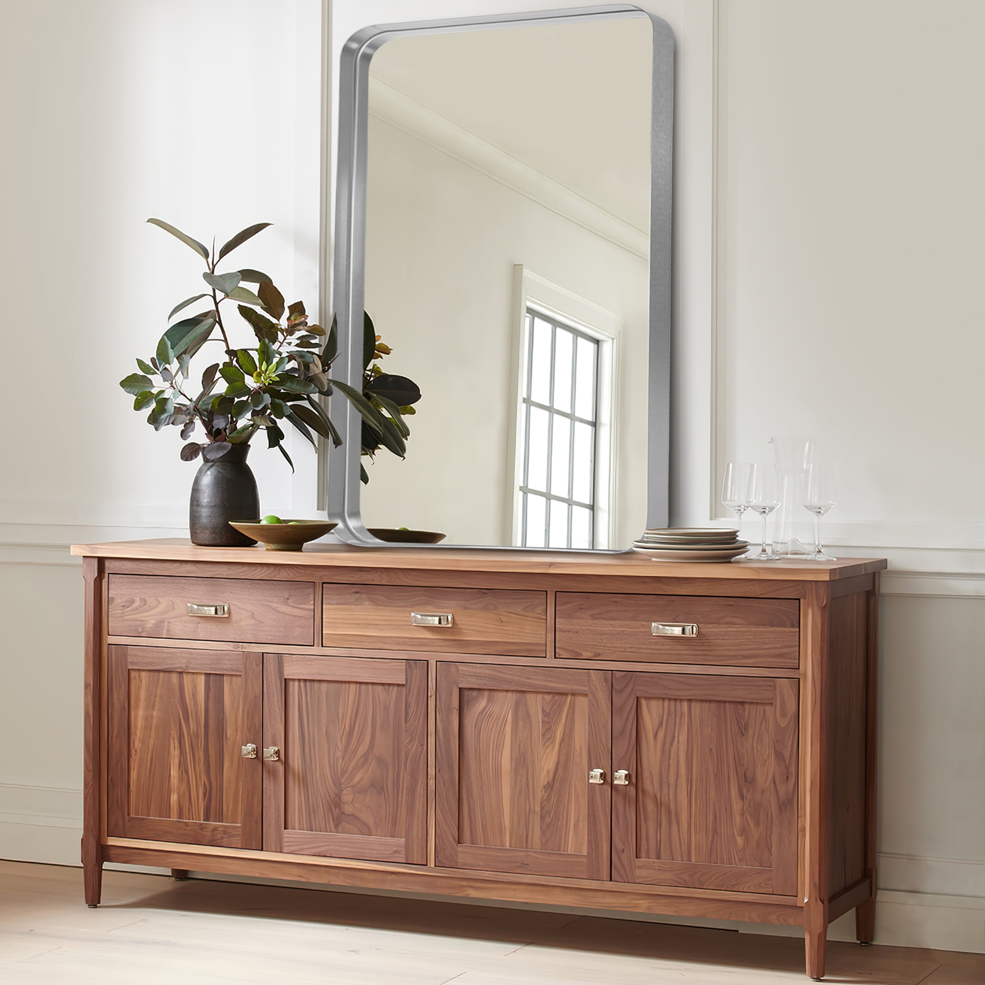 Aluminum Alloy Wall Mount Rectangular Deep Mirror Hanging Mirror Wall Mirror Rounded Corner Silver 50"x32"