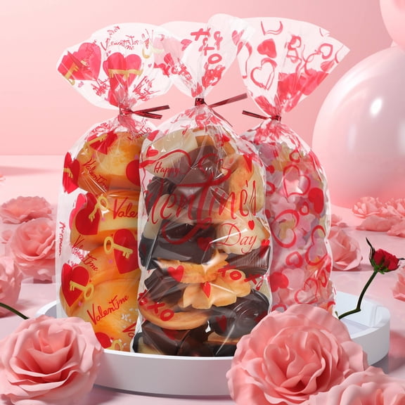 SOPOTUTU 120 Pcs Multi-Color Heart Candy Treat Bags, OPP Packaging Bags for Valentine's Day Party Favors and Wrapping
