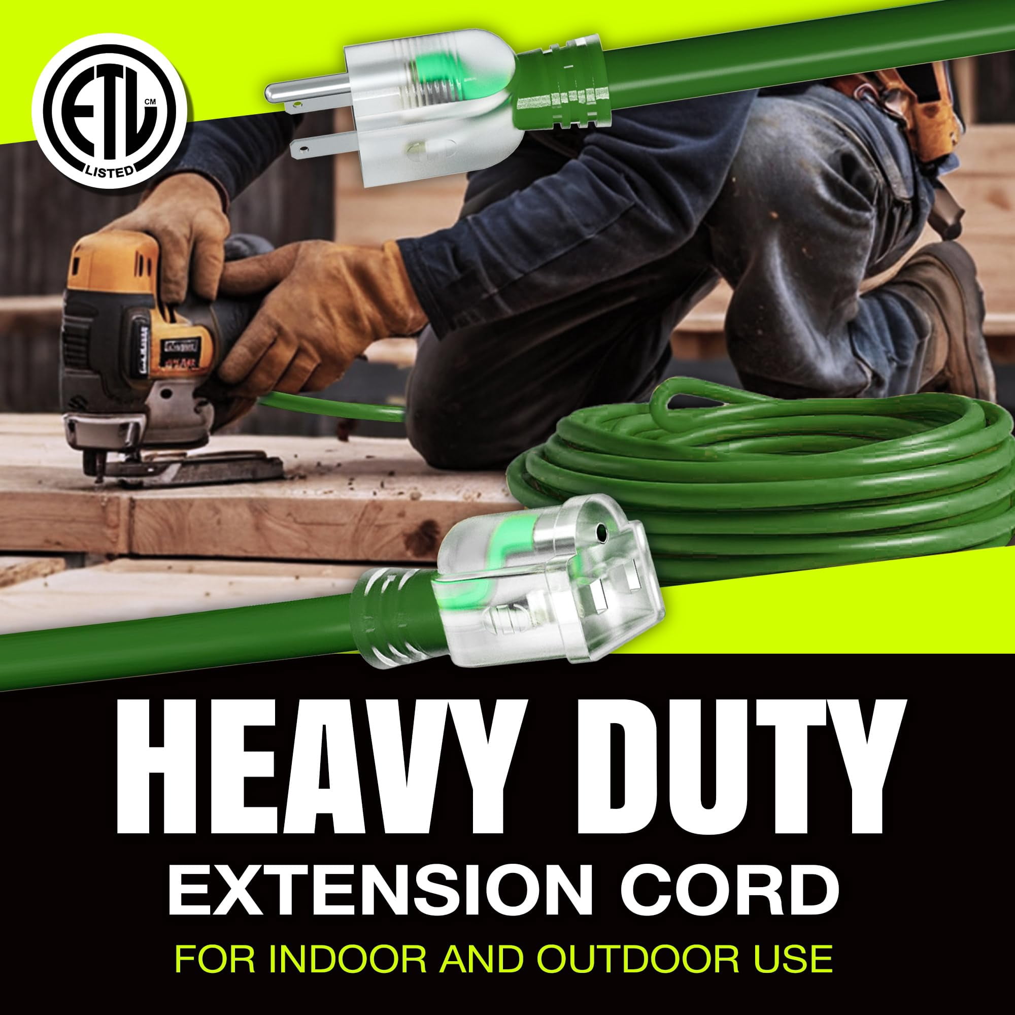 25ft Outdoor/Indoor Extension Cord 14/3 Gauge Heavy Duty 3 Prong SJTW, Waterproof, Flexible Cold-Resistant Long Power Cord,15A 125V 1875W, Green by LifeSupplyUSA