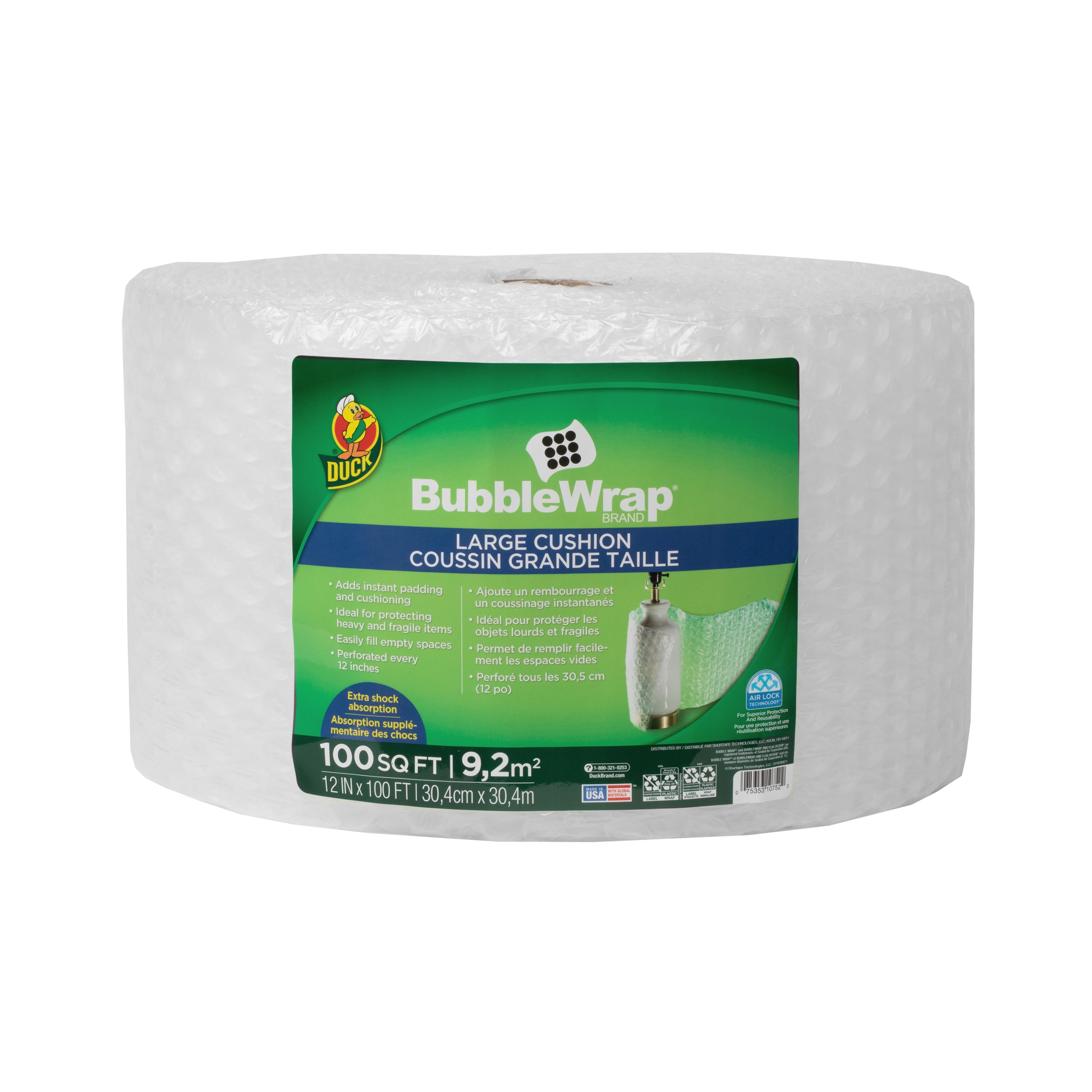 792491286536 Duck Brand Large Bubble Wrap Roll 12" x 15' 5/16" Large Bubble Cushioning 