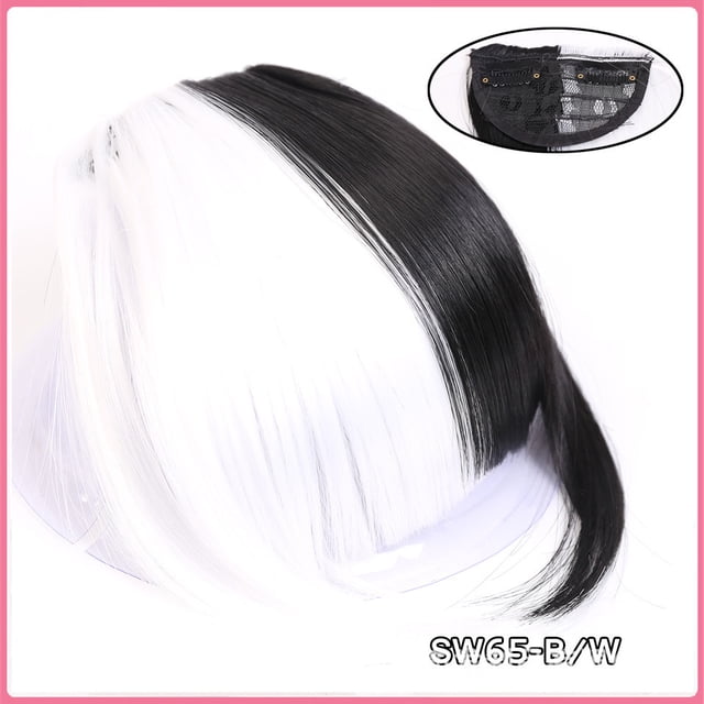 Nvzi Flequillo postizo, flequillo francés sintético con clip, flequillo falso con patillas, extensiones de cabello para mujer, flequillo curvo natural con clip para uso diario, blanco y negro.