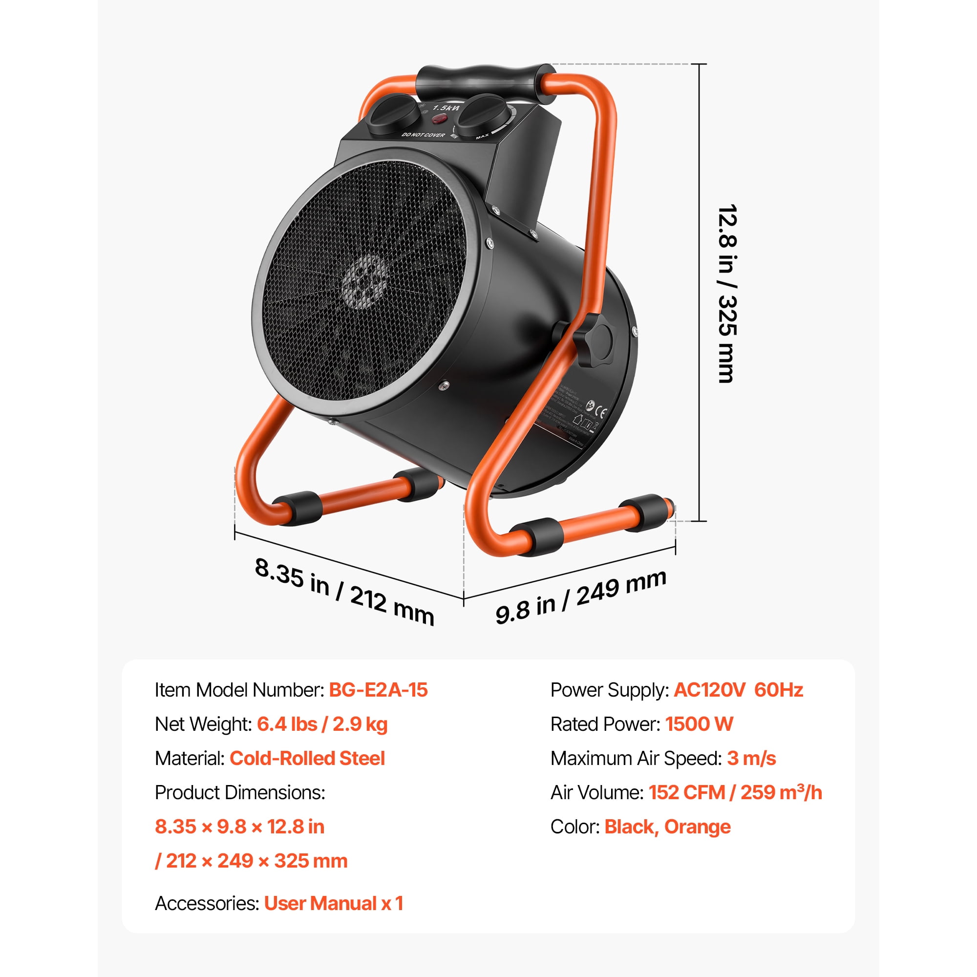 KFFKFF 1500W Electric Greenhouse Heater with Adjustable Fan Modes, IPX4 Waterproof Design, 25° Tilt Function, Overheat Protection, Ideal for Grow Tents, Small Greenhouses, Flower Rooms