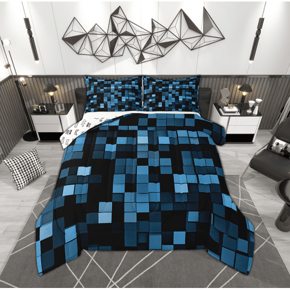 Manfei Chic Cyan Geometric Bedding Comforter Set, Modern Square Abstract Twin Comforter Sets, Teens Boys Girls Kids Reversible Bedding Set, Ultra Soft Home Decor, 2pcs