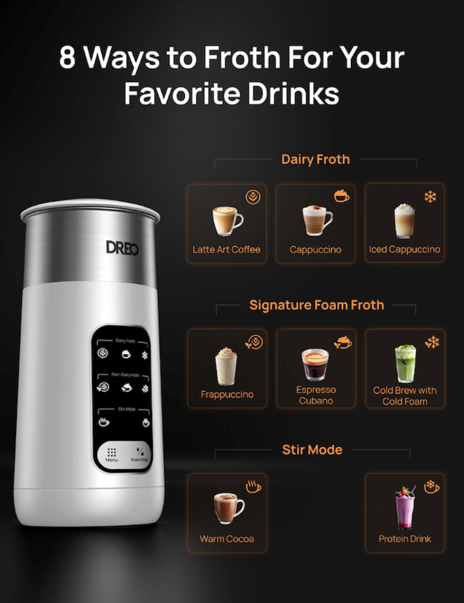 DREO 8-in-1 Milk Frother [Upgraded] White