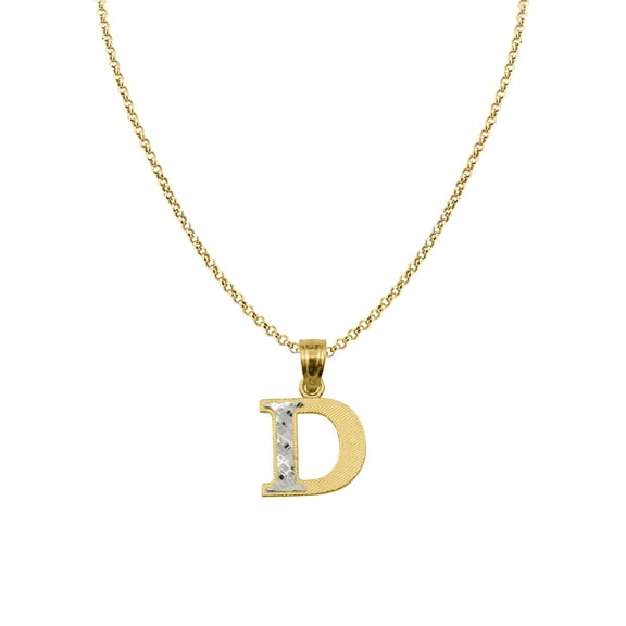 Genuine 14k Two-tone Gold 0.59" Diamond-cut Initial Letter D Necklace 16", 18", 20", 22" Trendy Charm Initial Necklaces for Women