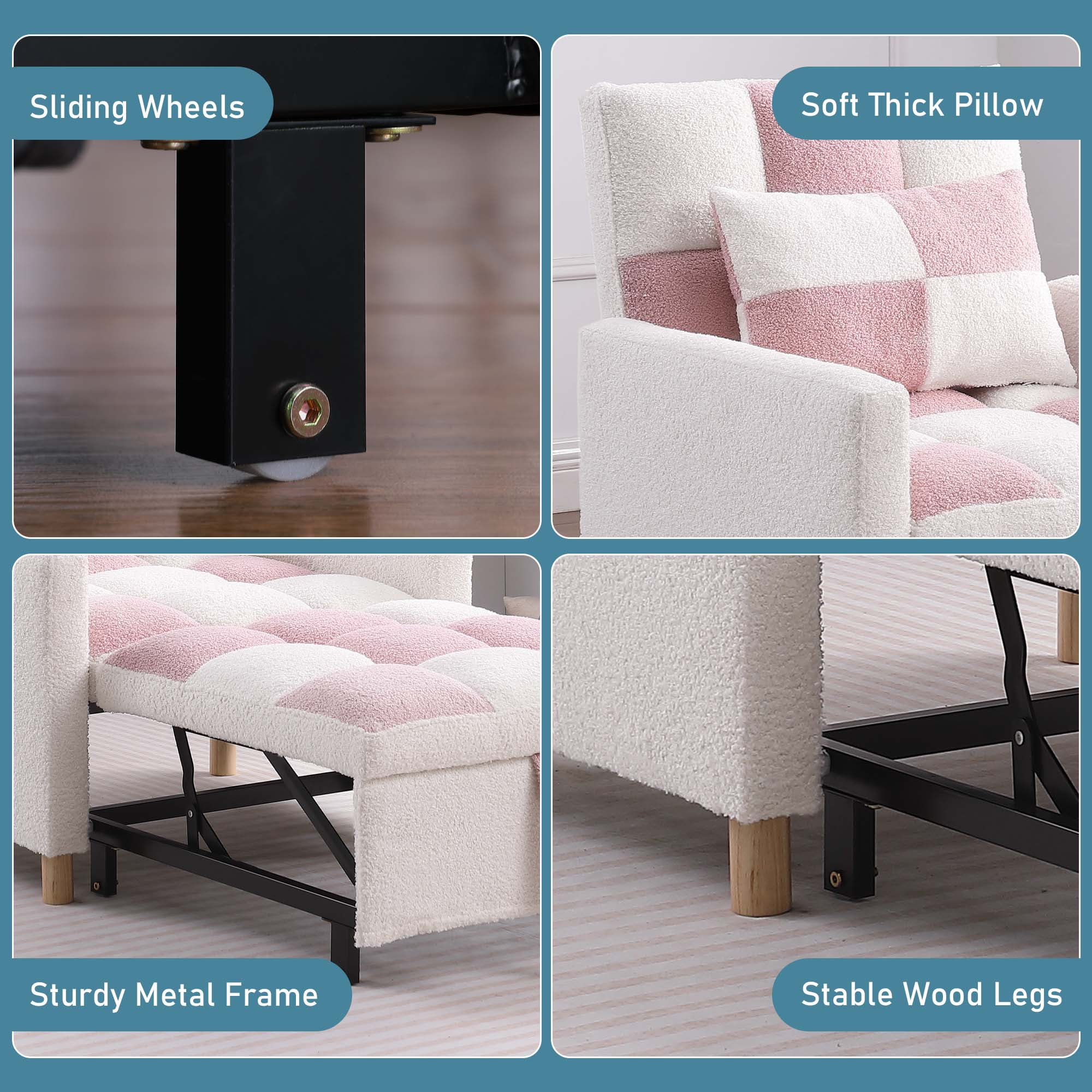 Aukfa Convertible Sleeper Chair Bed, Patchwork Pull Out Sofa Chair with Adjustable Backrest, Teddy - White/Pink