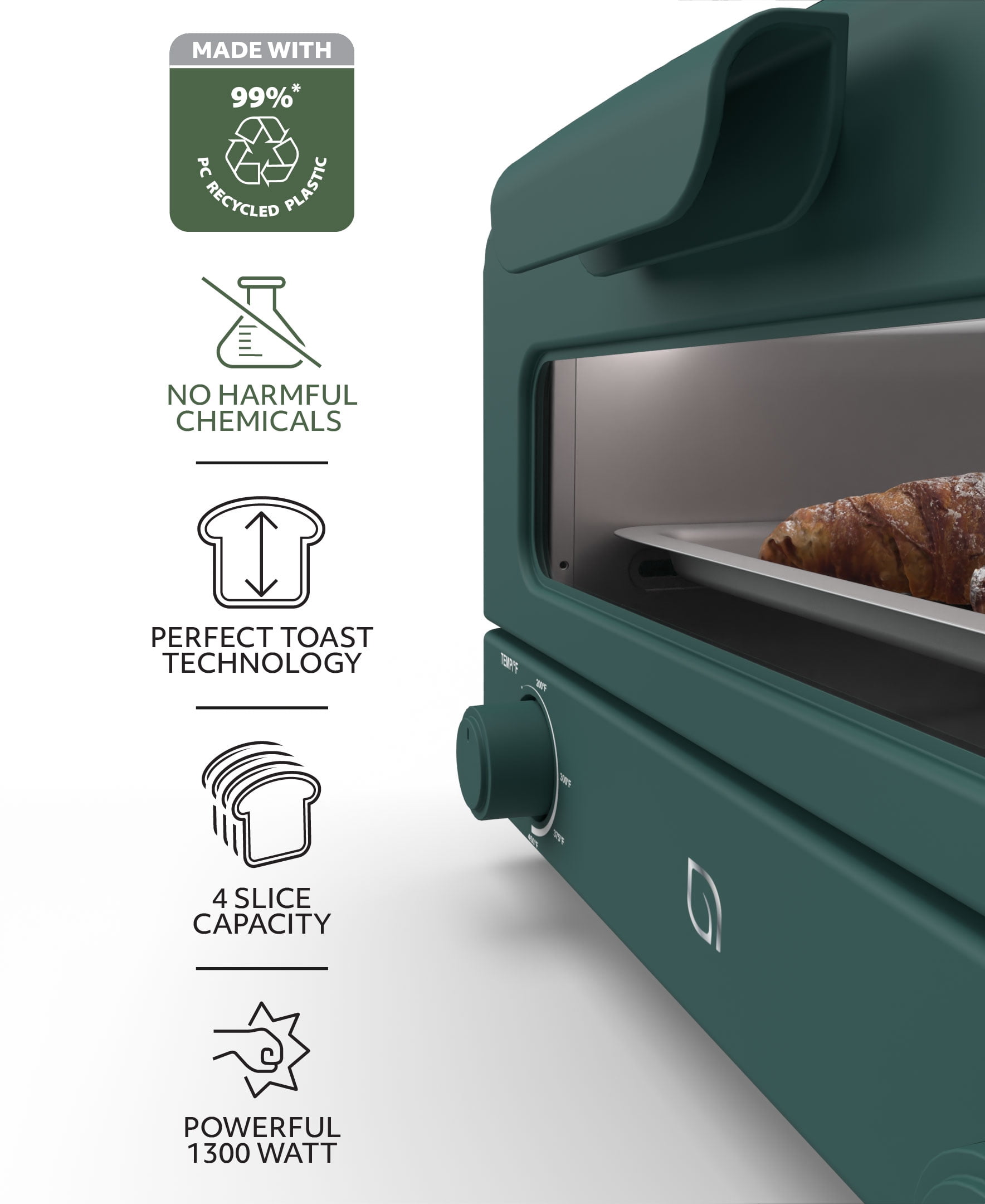 Willow Kitchen Mini Toaster Oven 4 Slice for Home and Kitchen Use, 1300-Watts, Green