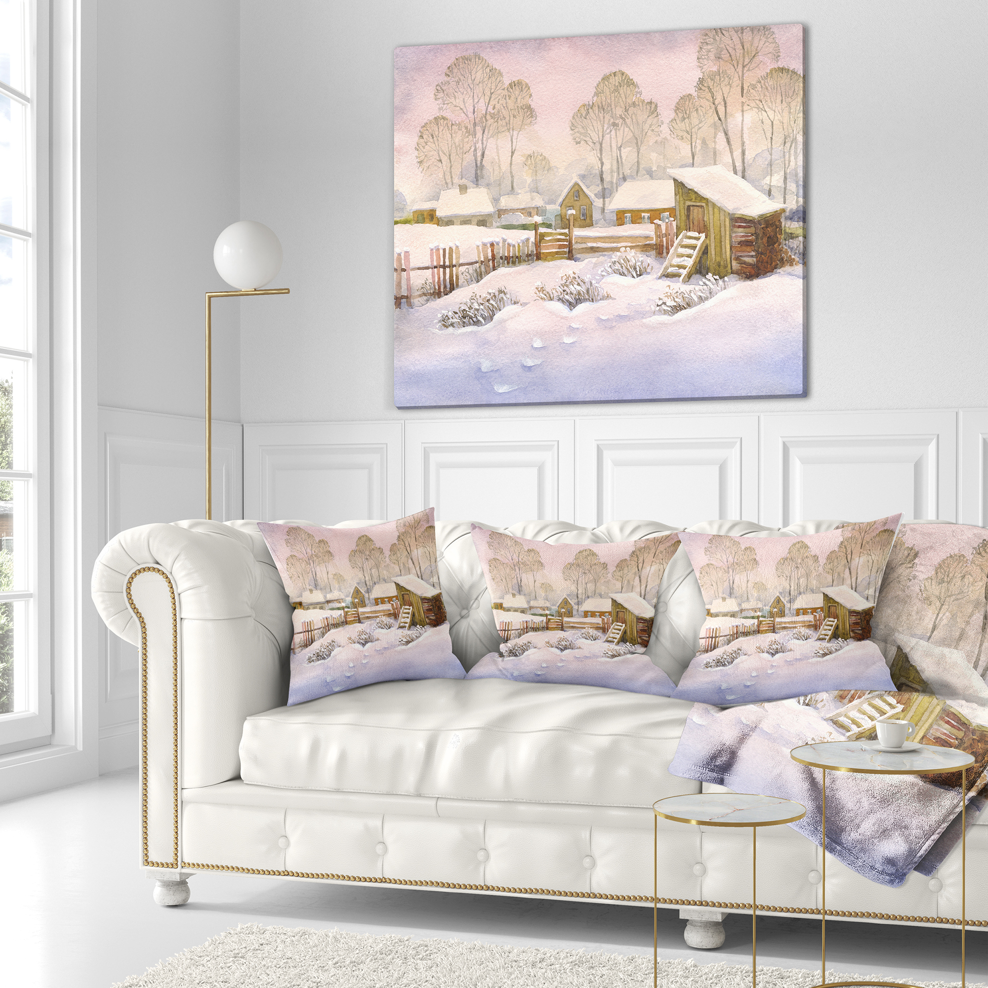 Designart Old Winter Village - Landscape Watercolor Throw Pillow - 16x16