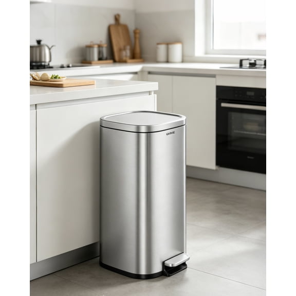Garvee 8-Gallon (30L) Stainless Steel Trash Can, Step-on Garbage Can with Silent-Close Lid & Removable Bucket for Kitchen, Bathroom, Silver