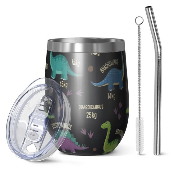 12oz Stemless Wine Tumblers Black Dinosaurs with Weight Tags Vacuum Insulated Stainless Steel Travel Tumbler Cups Mug with Lid and Straw for Champaign,Cocktail,Beer with Cleaning Brush