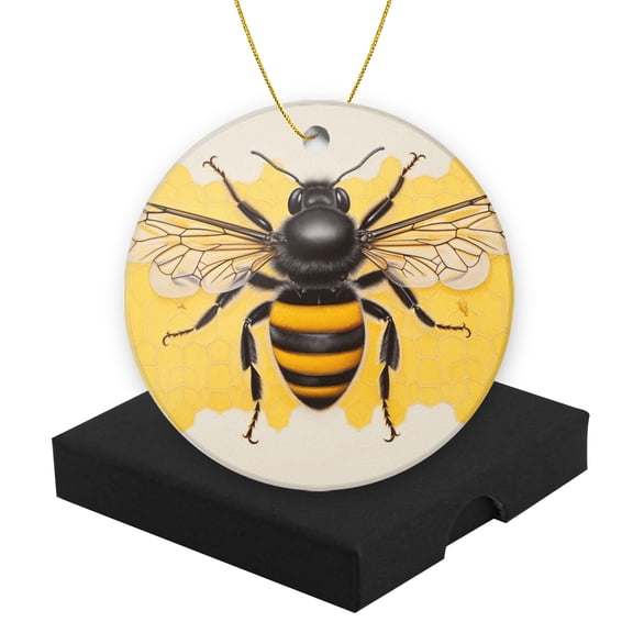 Round Christmas Ornament Ceramic Keepsake Holiday Christmas Decoration 2.95in - Bee on A Simple Yellow Honeycomb Background