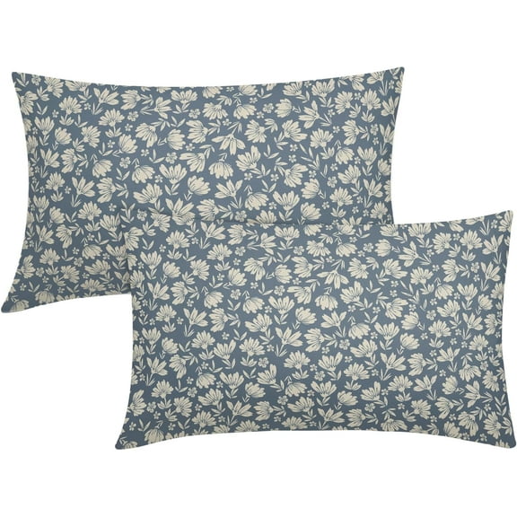 Blue Gray Daisy Floral Block Print Lumbar Pillow Covers 12X20 Inch Grey Beige Flowers Decorative Pillow Cases Set of 2 Farmhouse Home Decor Vintage Rustic Cute Throw Pillows For Sofa Couch Outdoor