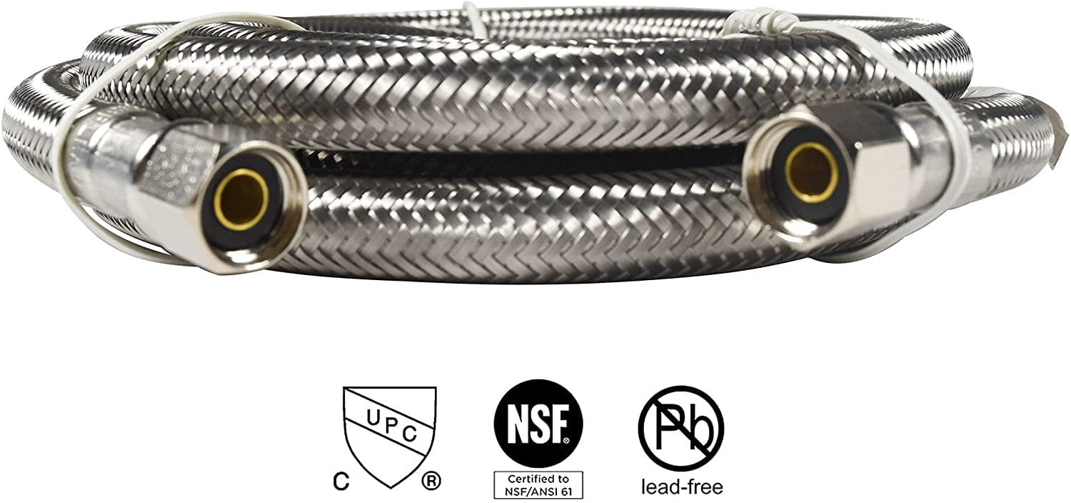 HQRP 2-Pack Universal Premium Braided Stainless Steel Refrigerators/Ice Makers Hoses with 1/4" Comp by 1/4" Comp Connection, 6-ft Burst Proof Water Supply Lines