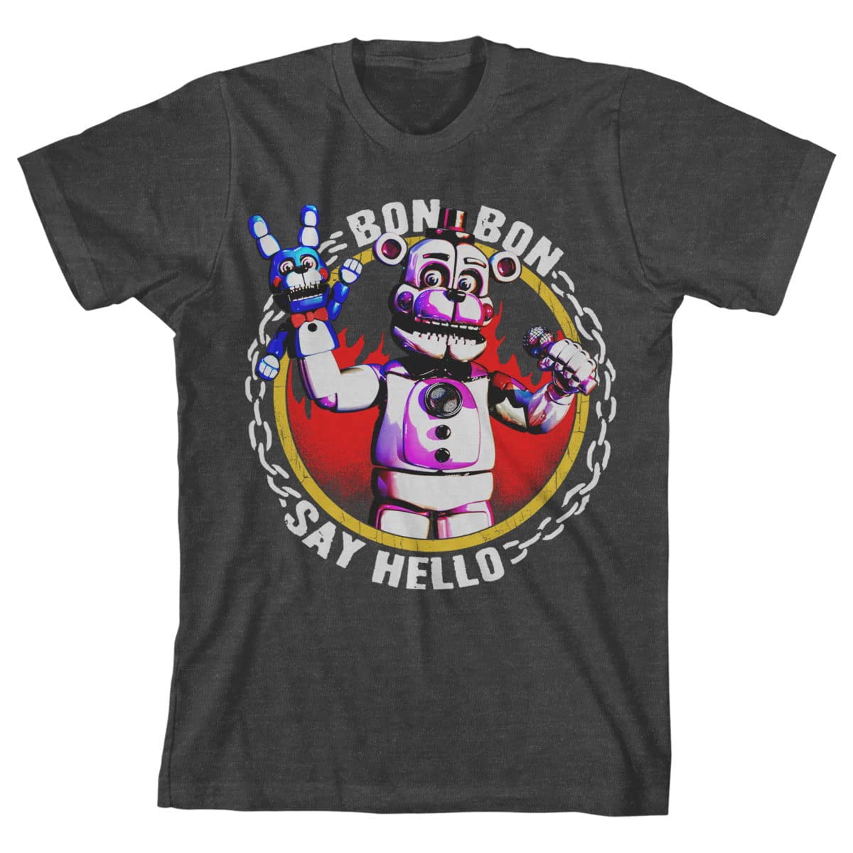 Five Nights Sister Location Bon-Bon Say Hello Boy's Charcoal Heather T-shirt-XL