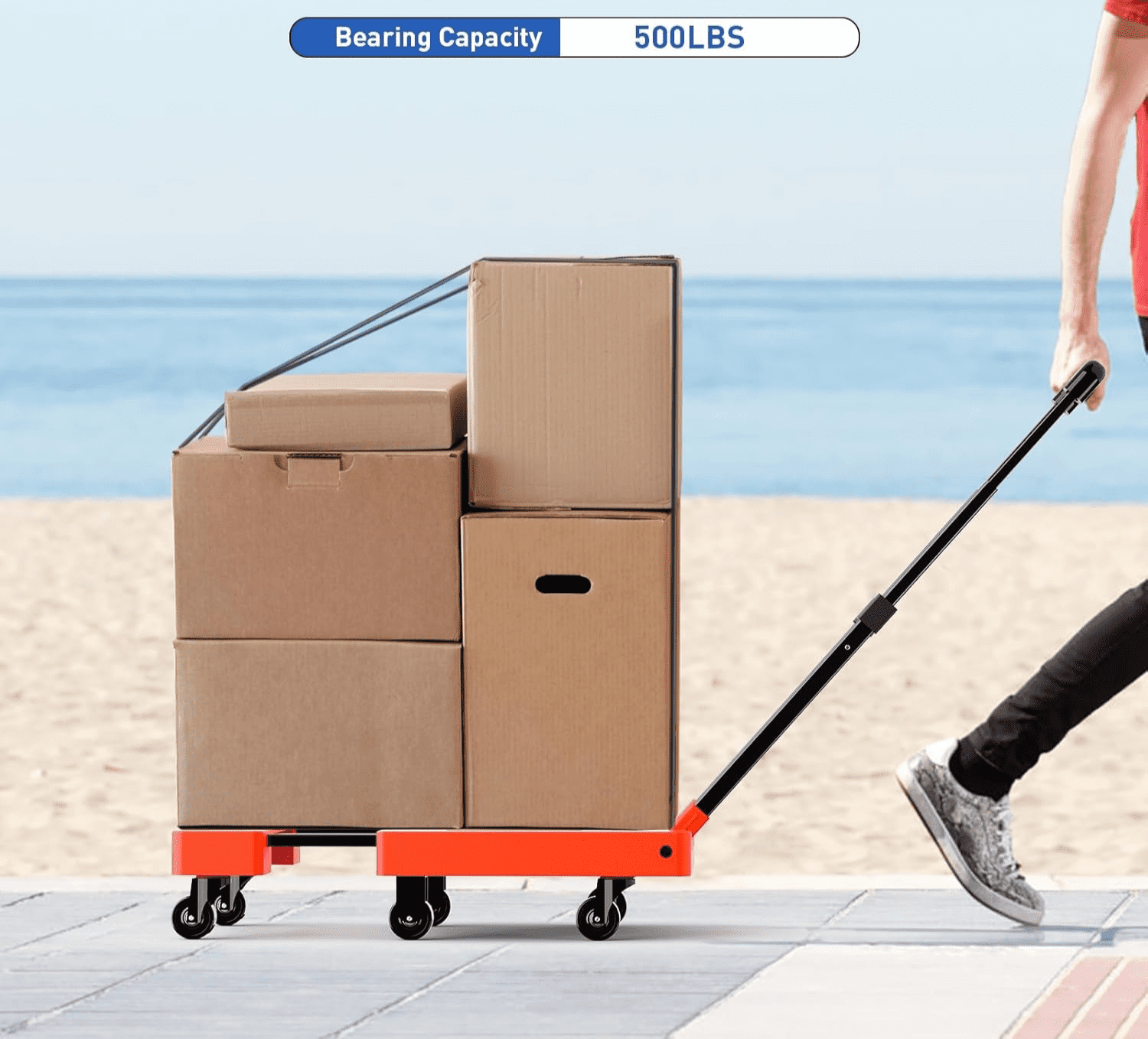 Foldable Dolly, Heavy Duty Dolly Cart, Folding Hand Truck with 6 Wheels & 2 Bungee Hooks, 500 LB Dolly Cart Capacity Portable Luggage Cart for Moving, Traveling and Shopping, Orange, 6 Wheels