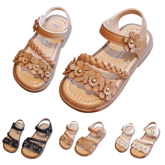 Eltusu Girls Sandals with Strap, No Slip Comfort Open Toe Soft Sole Summer Shoes Beige Size 11(Little Kids)