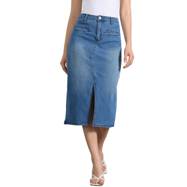 Falda de mezclilla INSPIRE CHIC para mujer, con cintura alta, abertura frontal, falda midi de mezclilla lavada con bolsillos, talla XS, color azul