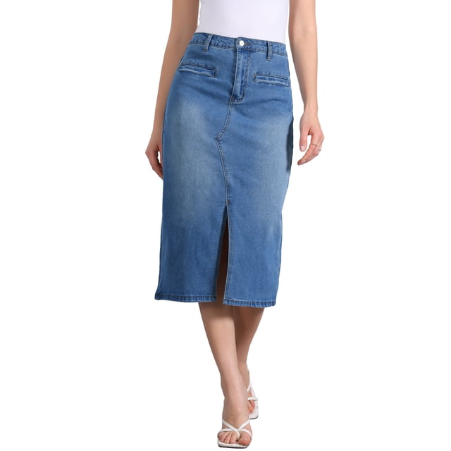 Falda de mezclilla INSPIRE CHIC para mujer, con cintura alta, abertura frontal, falda midi de mezclilla lavada con bolsillos, talla XS, color azul