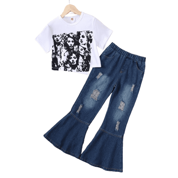 Mikrdoo 9-10 Years Big Girl's Retro Portrait Print Outfit Short Sleeve Graphic Top   Flare Leg Ripped Jeans Holiday Casual Set, Summer 2Pcs Clothes