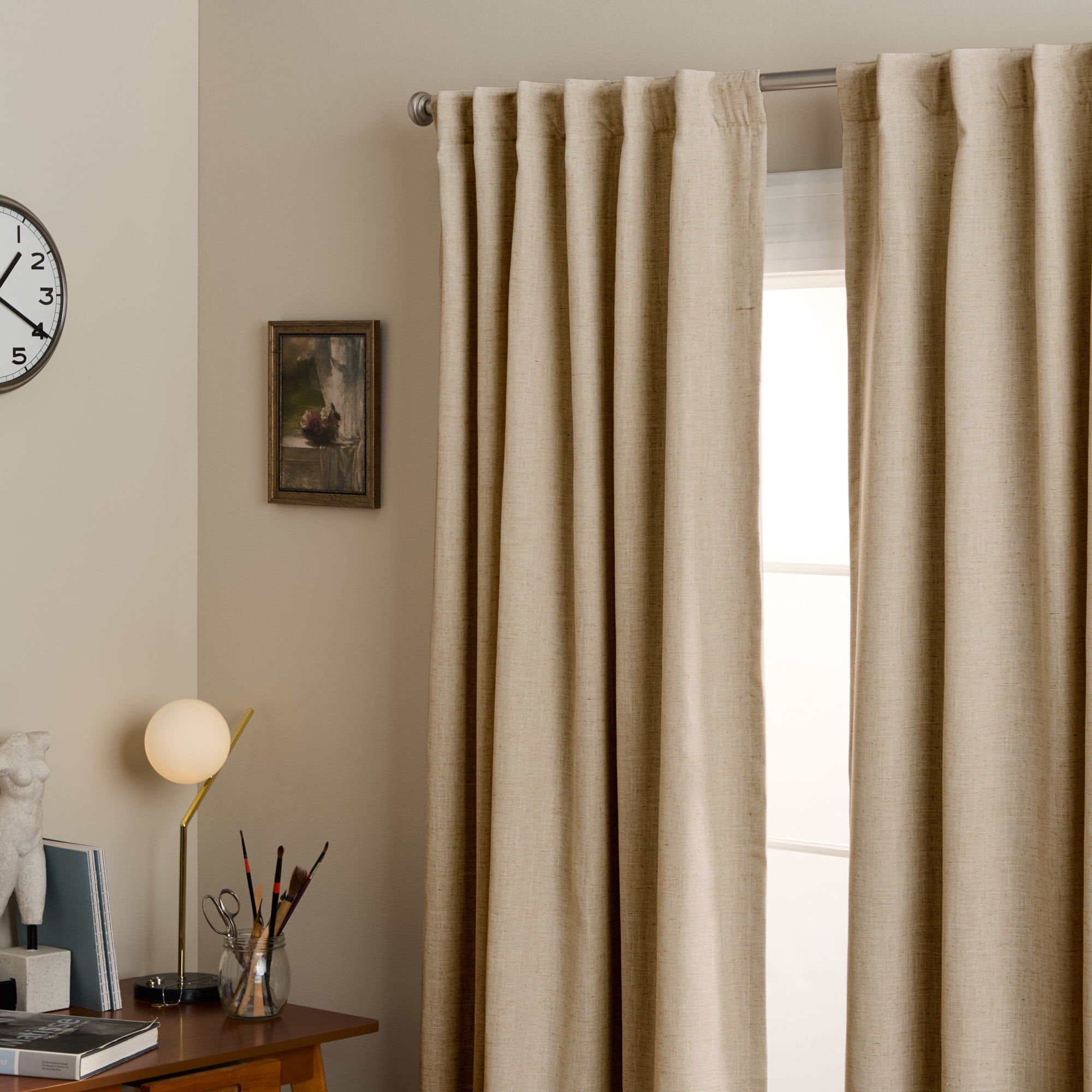 TOWN & COUNTRY LUXE Davos Solid Linen Texture Indoor Curtains, 100% Blackout with Energy Efficient Lining, Back Tab/Rod Pocket Top, 2-Pack Set, Taupe, 50"x96"