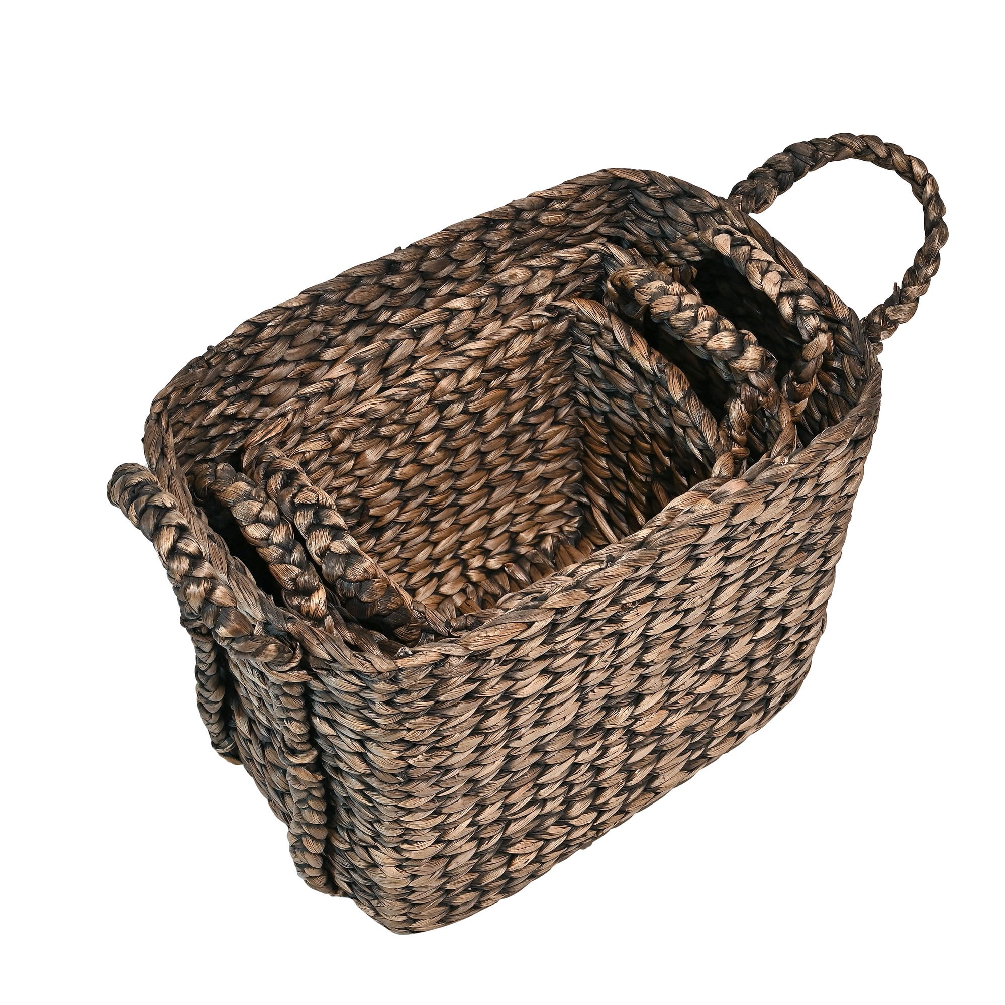 happimess BSK2001B-3SET Clara Farmhouse Classic Handwoven Hyacinth Rectangle Storage Floor Baskets with Handles, Brown (Set of 3)