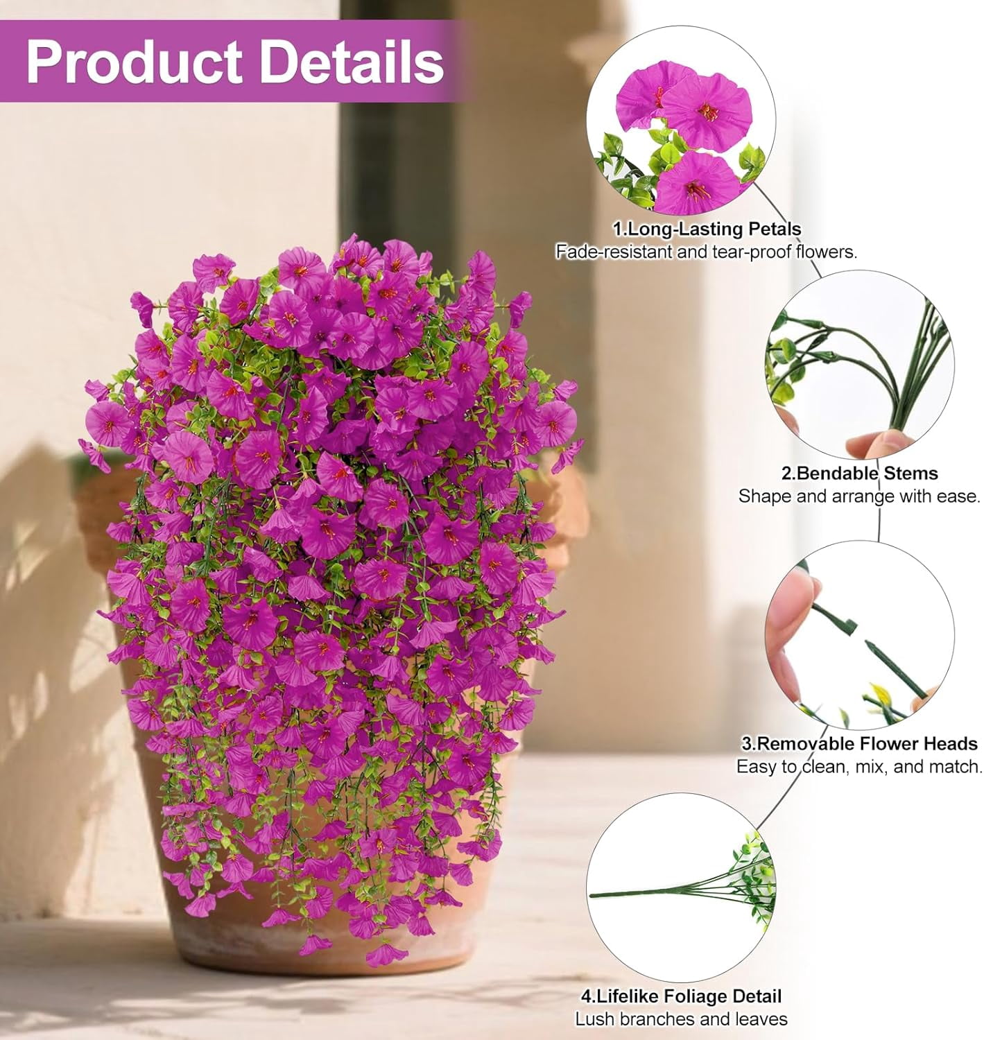 Artificial Flowers for Outdoors Decoration, 4Pcs Fake Hanging Flowers Morning Glory UV & Fading Resistant, Artificial Faux Plants Deocr for Home Porch Patio Balcony Planter Yard Garden Farmhouse