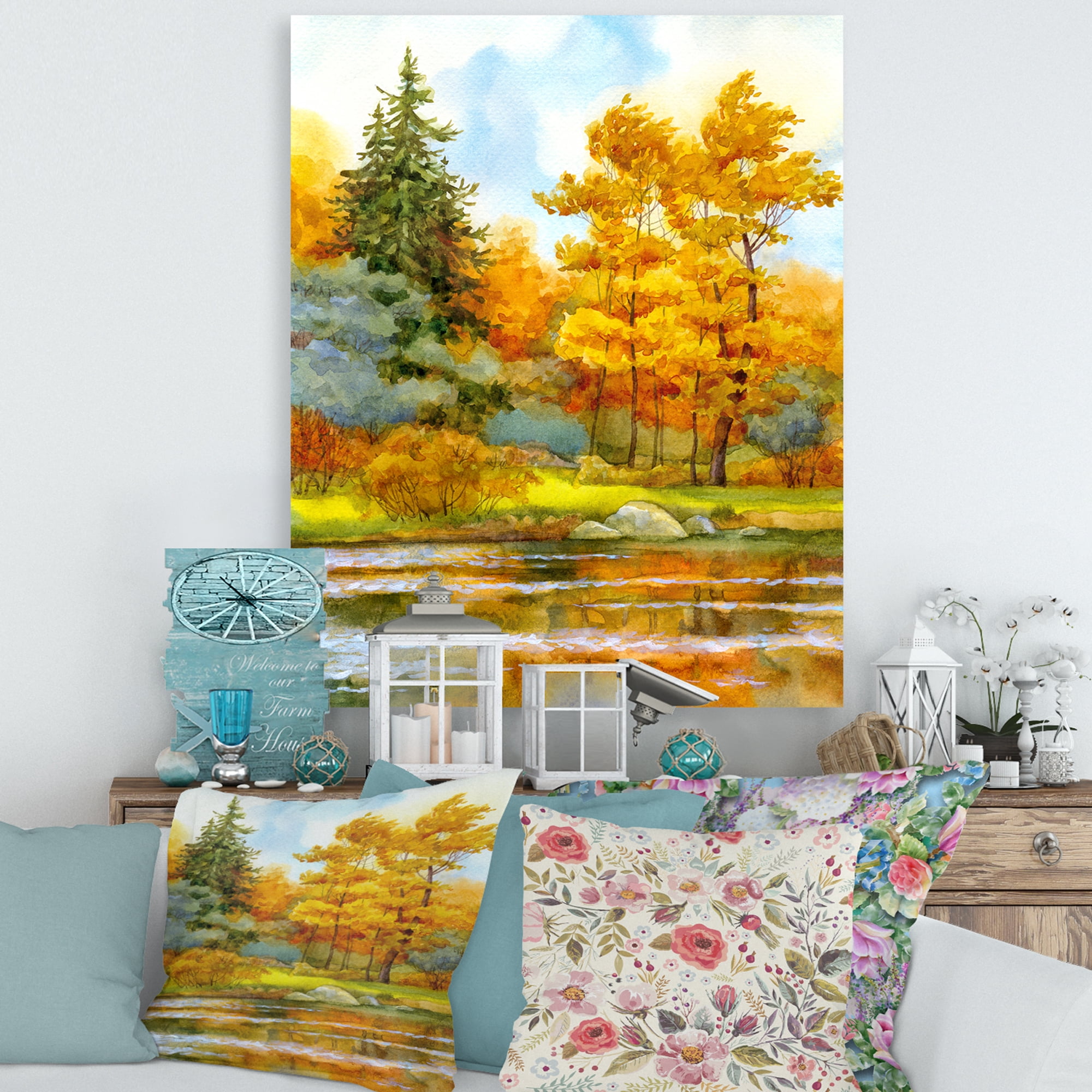 Designart ' Autumn Forest By The Lake Side I ' Lake House Canvas Wall Art Print