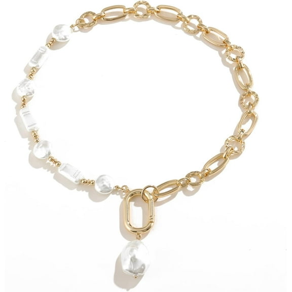 Pearl and Chain Necklace Mixed Chain and Trendy Pearl Choker Organic Pears Heart Pendant Layering Necklace