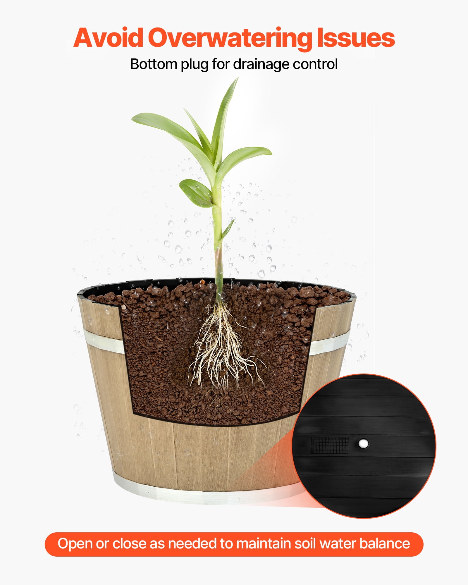 VEVOR Plant Pots, 4 Pack 11.81 inch Whiskey Barrel Planters with Drainage Holes,Large Outside Plastic Decoration Flower Pot Imitation Wine Barrel Design for Indoor Outdoor Garden Home Plants,Brown