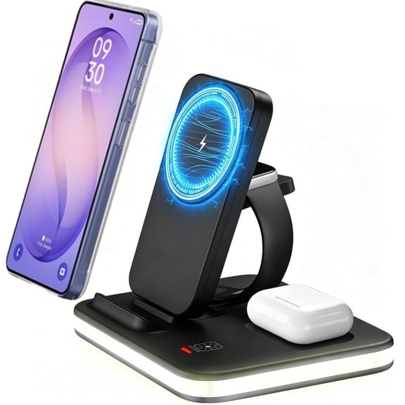 4 in 1 Wireless Charging Station Compatible for iPhone 17/16/15/14/13/12/11 Apple Watch Ultra/SE/10-2,AirPods Pro/4/3/2,Foldable 15W Magnetic Fast Charger Stand,Touch LED