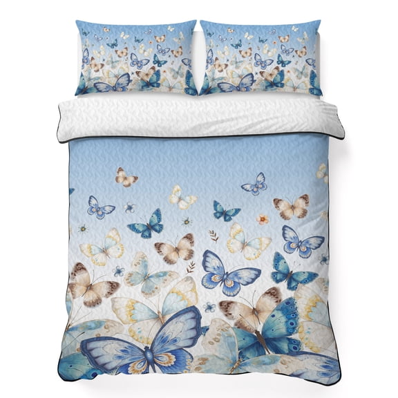Queen Quilt Set 90''x96'', Blue Ombre Butterfly Lightweight Bedspread Coverlet Set with 2 Pillow Shams, Pastoral Farmhouse Butterflies Breathable All Season Quilt Bedding for Bedroom/Guest Room
