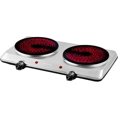 OVENTE Countertop Infrared Double Burner, 1500W Electric Hot Plate and Portable Stove with 7.5” Ceramic Glass Cooktop, 6 Level Temperature Setting and Easy to Clean Base, Silver BGI202S