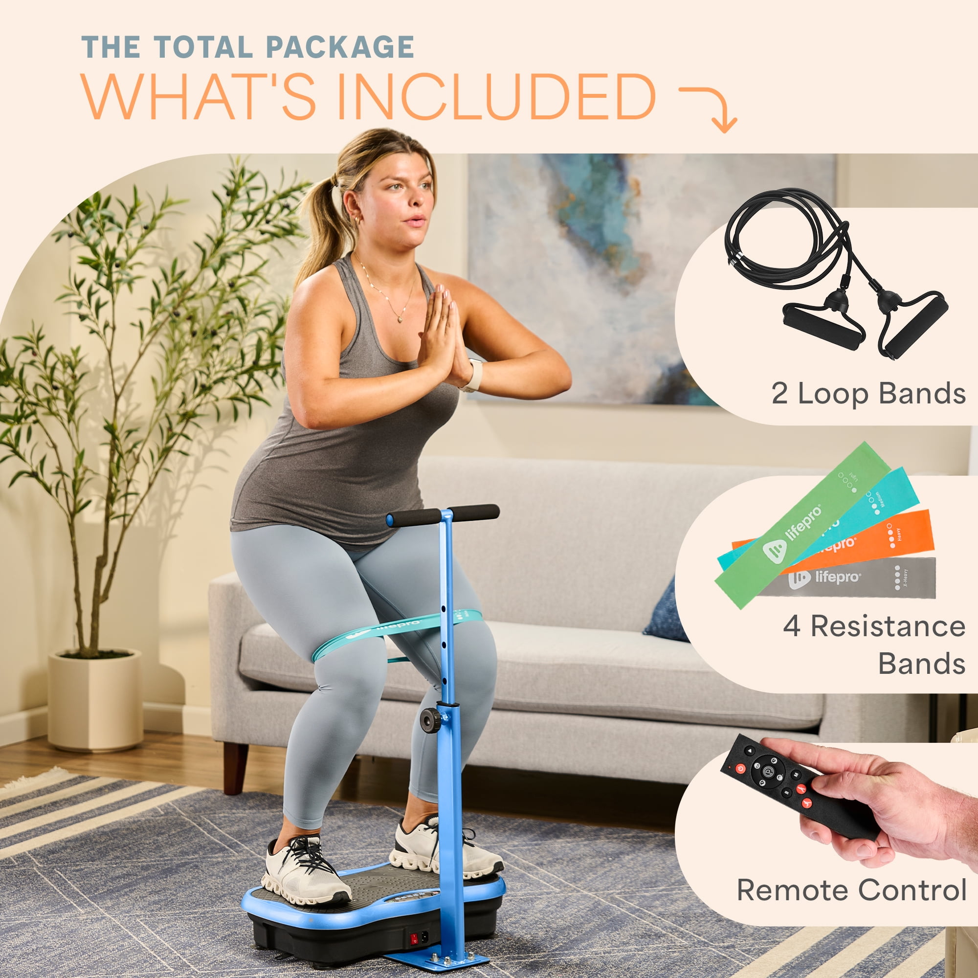 Lifepro TrimLite Vibration Plate Exercise Machine with Handlebars – Whole Body Vibrating Plate for Weight Loss, Lymphatic Drainage & Home Fitness – 99 Speed Levels, Resistance Bands, Bluetooth - Blue