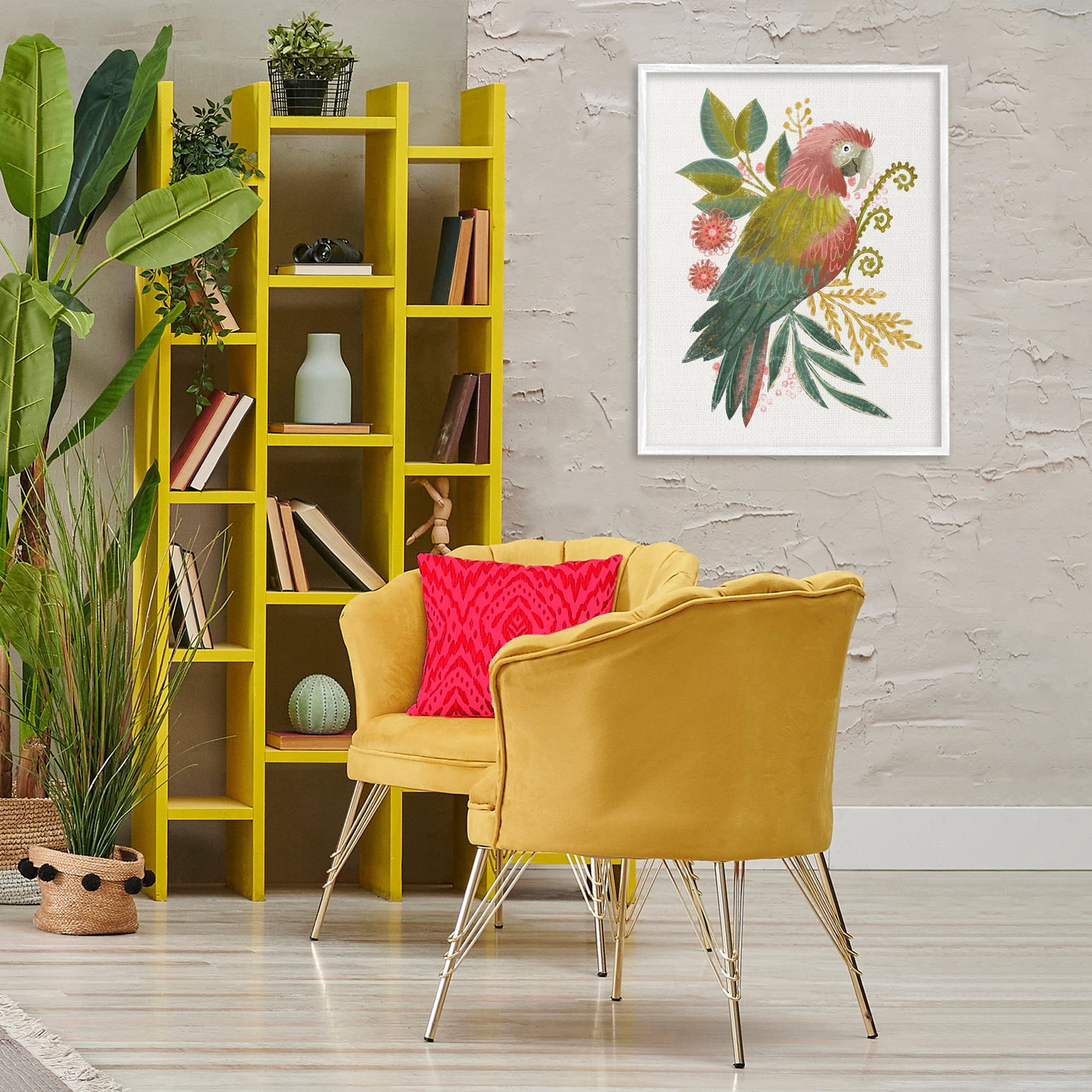Stupell Industries Parrot with Eclectic Leaves Animals & Insects Painting White Framed Art Print Wall Art, 24 x 30