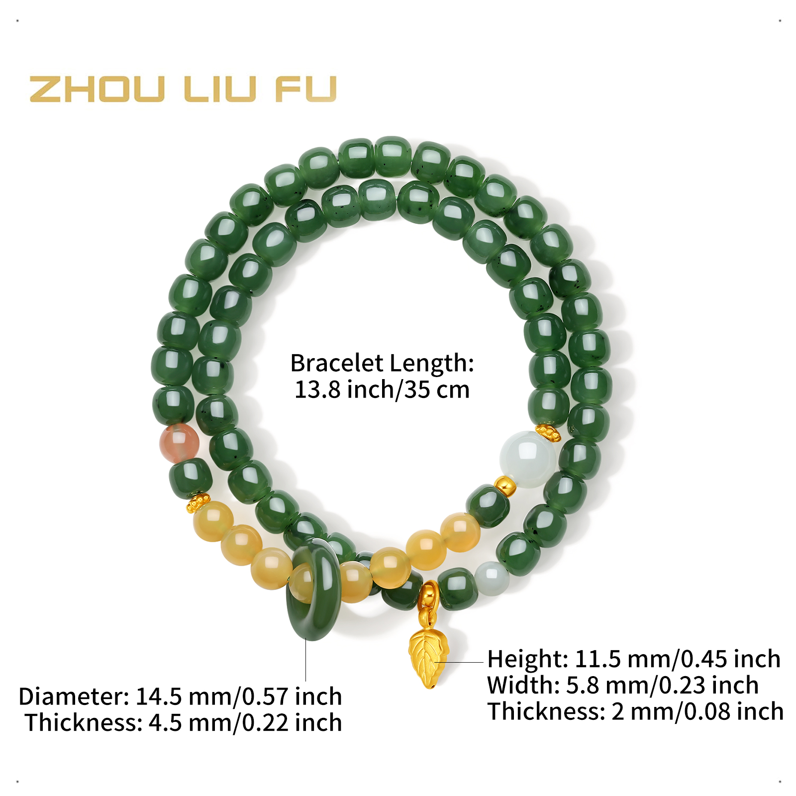 ZHOU LIU FU 24K Gold Jade Beaded BraceletLeaf Charm Double Stretch for Women Mom Y1913773