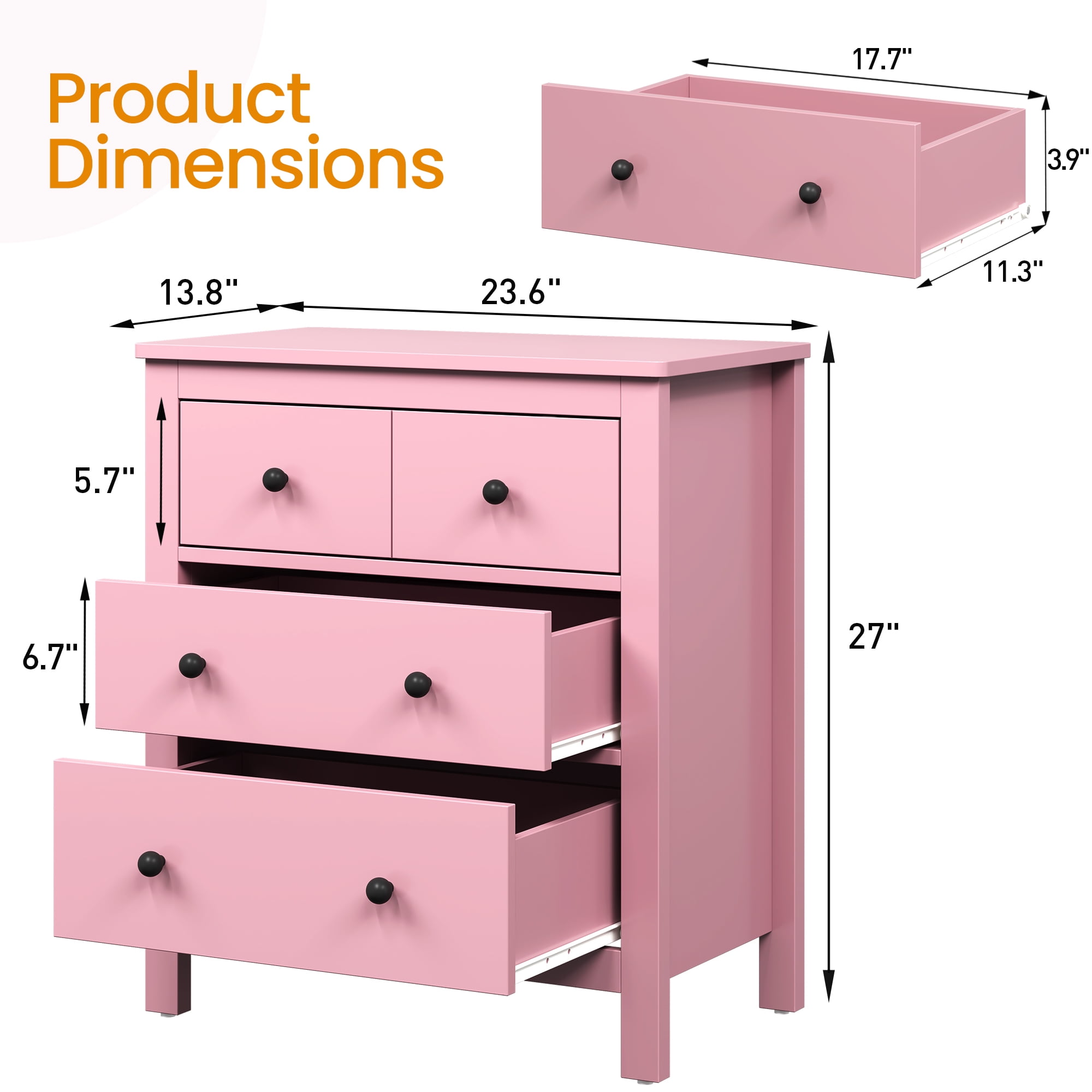 Heynemo 27" Wood Chest of Drawers with Storage Drawers for Living Room, Bedroom, Entryway, Pink