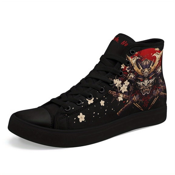 Coolcustomize Men's Japanese Samurai Design High-Top Sneakers - Lightweight Breathable Trainers with Gothic Streetwear Style, Black with Red & Golden Accents, Lace-Up Casual Shoes for Casual Attire