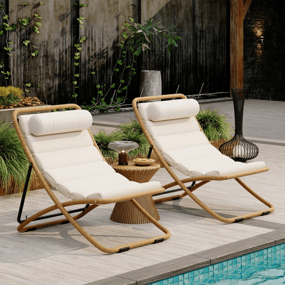 2-Piece Outdoor Folding Patio Chairs with Adjustable Backrest, Thick Cushions and Detachable Headrests, Rattan-Wrapped Lounge Chairs for Poolside, Backyard, Deck and Camping, Yellow