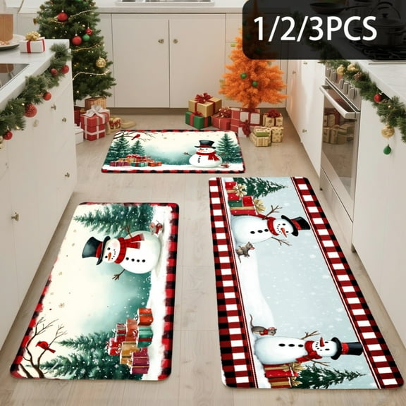 3PCS Kitchen Mat set, Welcome Door Flannel Rug,Home Decor for Front Door,Kitchen, Bathroom, Snowman Christmas Tree Gift Box Red Plaid Border ,Great Thanksgiving Day