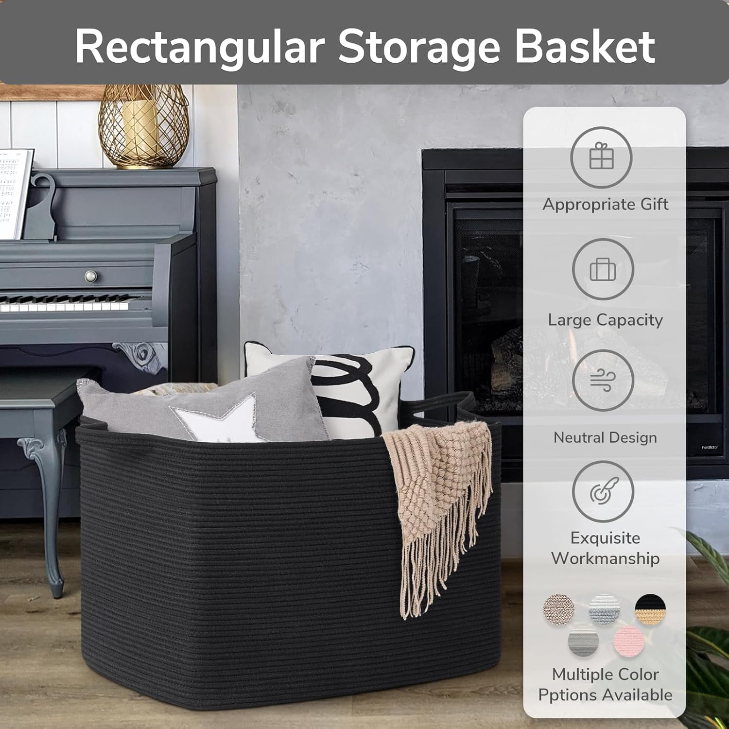 PrimeCook Shop Large Woven Storage Basket, 105L Extra Large Blanket Basket for Living Room, Bedroom, Rectangle Cotton Rope Organizer for Toy Storage, 25”x16”x16”, Black