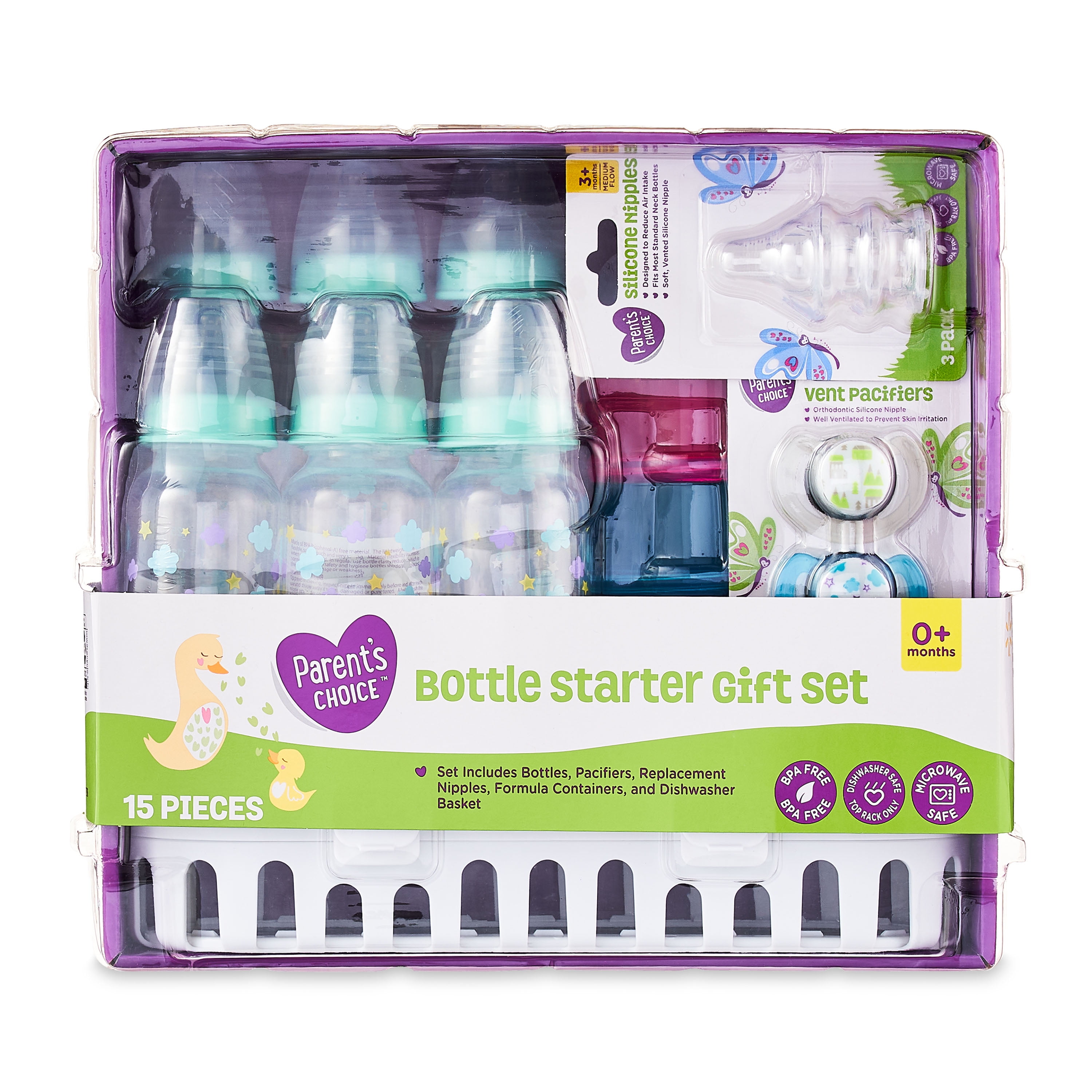 Parent's Choice Standard Neck Bottle Starter Gift Set, 0+ Months, Unisex, Multicolor, 15 Pieces
